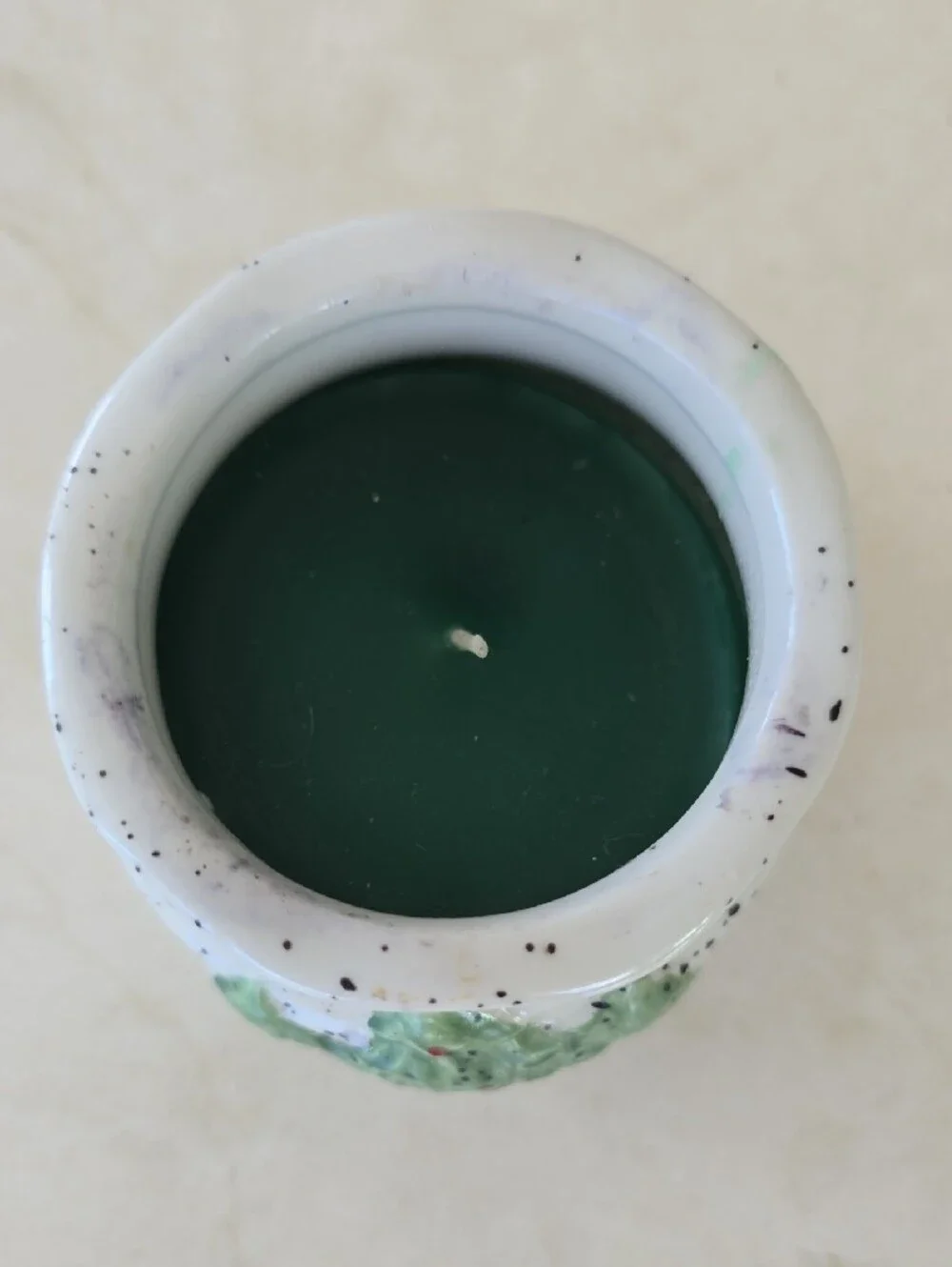 Speckled White Ceramic Candle Jar with Green Tree Accent